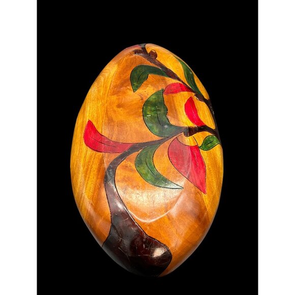 VTG MCM Hand-Carved Exotic Wood Divided Serving Bowl W/ Hand-Painted Floral Desi - Picture 6 of 13